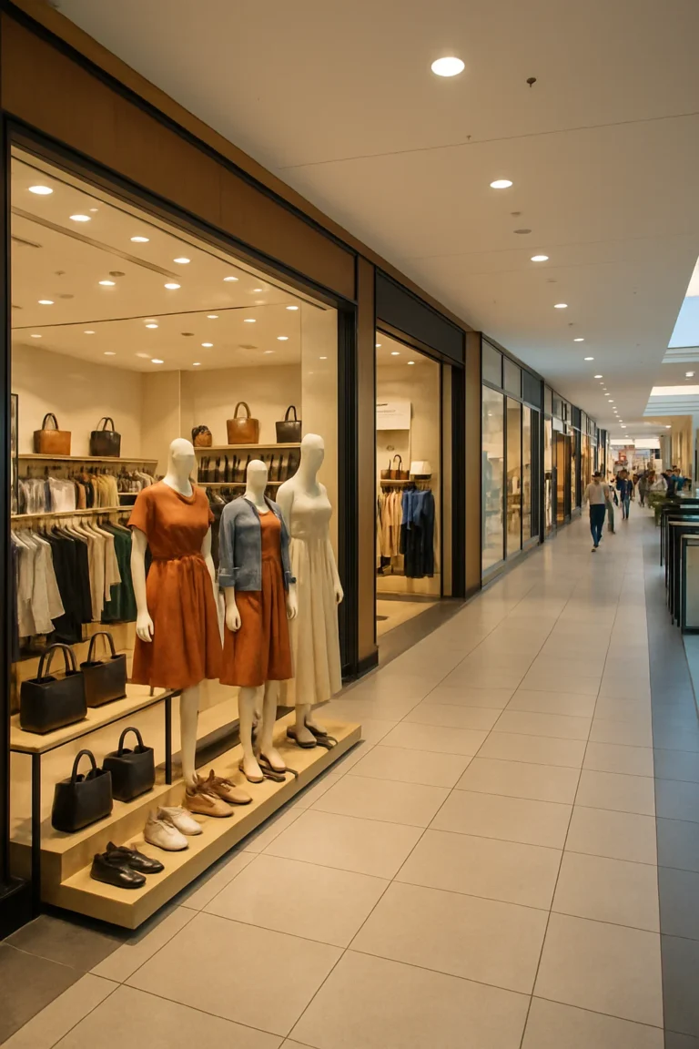 Indendørs billede af en moderne tøjbutik i et indkøbscenter med mannequiner og tøjudstilling, omgivet af andre butikker og kunder.