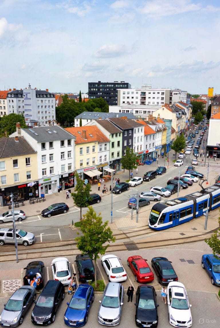 Luftfoto af et hyggeligt blandet byområde med farverige butiksfacader, caféer og boliger langs en hovedgade. Foran ligger en række parkeringspladser på fortovet, mens en moderne blå-hvid sporvogn drejer rundt om hjørnet. Folk går på fortovet, nogle bærer indkøbsposer, og der er grønne træer og udendørs servering under en let skyet himmel.
