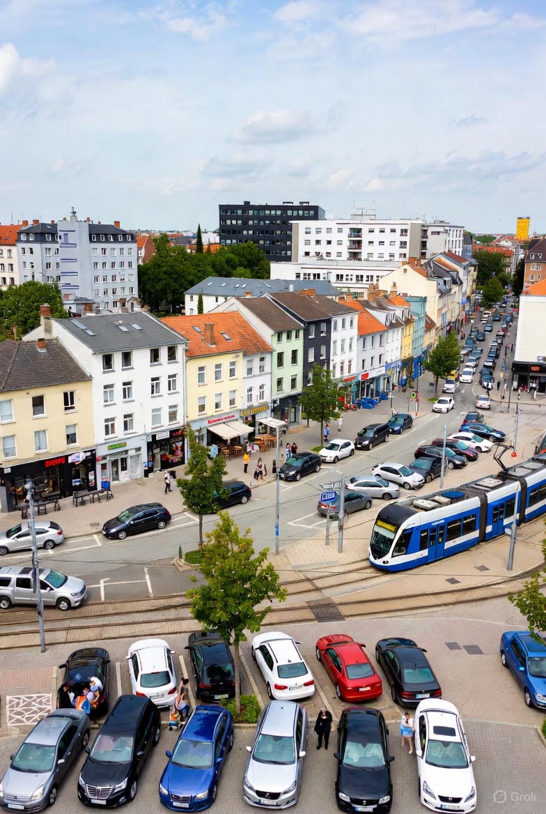 Luftfoto af et hyggeligt blandet byområde med farverige butiksfacader, caféer og boliger langs en hovedgade. Foran ligger en række parkeringspladser på fortovet, mens en moderne blå-hvid sporvogn drejer rundt om hjørnet. Folk går på fortovet, nogle bærer indkøbsposer, og der er grønne træer og udendørs servering under en let skyet himmel.