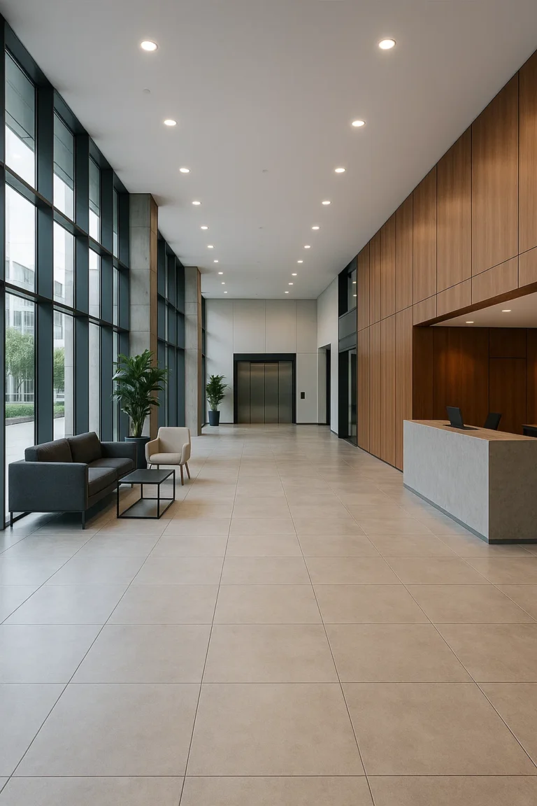 Stilren og rummelig lobby i en erhvervsejendom med store vinduer, reception, elevator og loungeområde med sofaer og planter.